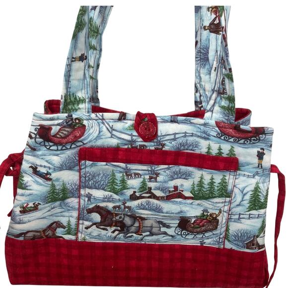 Handmade Crafting Tote Bag Red Christmas Fabric Plaid Quilted Crafts Sleigh Ride - Picture 1 of 15